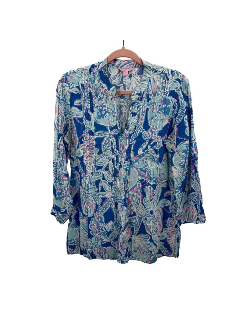 Lilly Pulitzer Womens Blue Print Tunic Blouse Long Sleeve Sz M